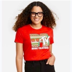 MTV Women Music Retro Holiday T-shirt Red Ugly Christmas - Size S